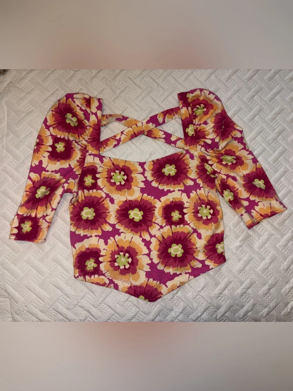 Free People | Pink & Yellow Floral Puff-Sleeve Crop Top w/Open Crisscross Back